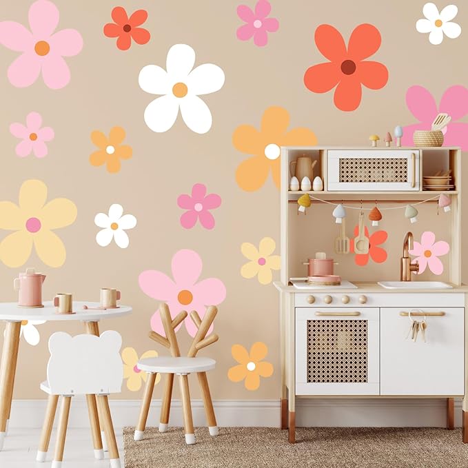 TaoBary 12 Sheet Daisy Wall Sticker Decal Removable Cute Daisy Bedroom Room Decor Flower Wall Sticker Pink White Flower Decal Wallpaper Peel and Stick for Nursery Home(Bright Color,Elegant Style)