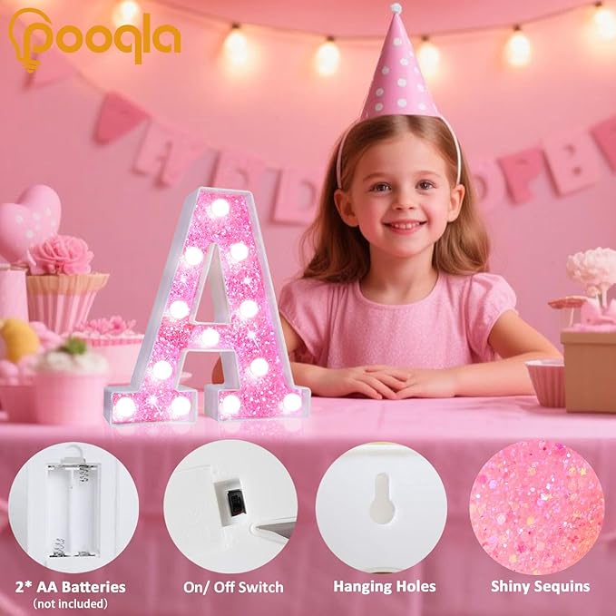 Pooqla Marquee Numbers, Pink Light Up Numbers for Girls 6th Birthday, Battery Powered Glitter Number Night Light Gift for Christmas Bedroom Dorm Room Party Decoration, Cool White Number 6