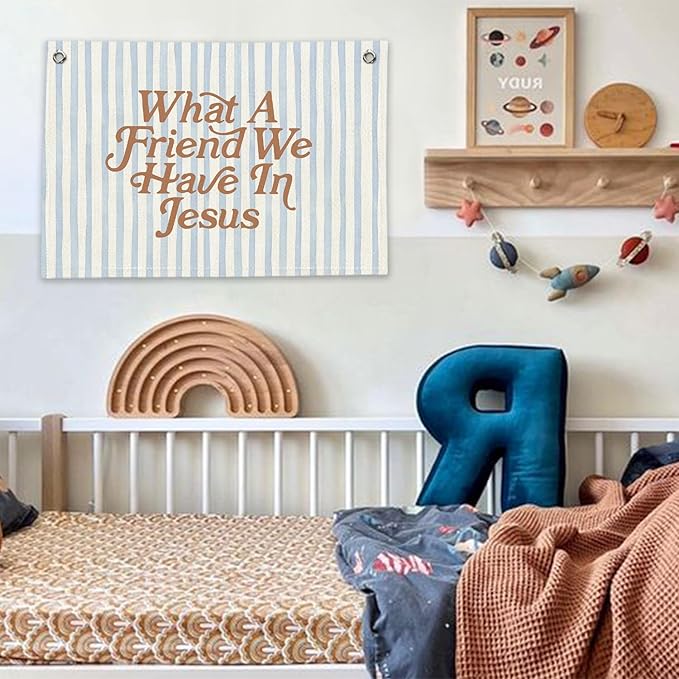 RTXLEZM Christian Home Room Decor, What a Friend We Have in Jesus Christian Canvas Banner Wall Hanging,Blue Stripes Minimalist Bible Verse Wall Art Prints for Home Bedroom Prayer Room Church Decor