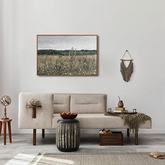 OIQArtOIQ Vintage Framed Wall Art Wildflower Field Meadow Canvas Art Prints Rustic Farmhouse Landscape Pictures Wall Decor Modern Cottagecore Paintings Artwork For Bedroom Bathroom Office Living Room