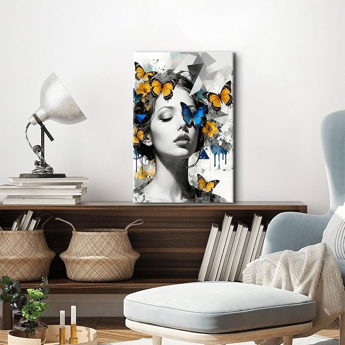 Women Portrait Wall Art Blue Yellow Butterfly Paintings Picture Abstract Black and White Women Wall Decor Aesthetic Minimalist Canvas Prints Artwork for Bedroom Bathroom Spa Home Decorations 16x24"