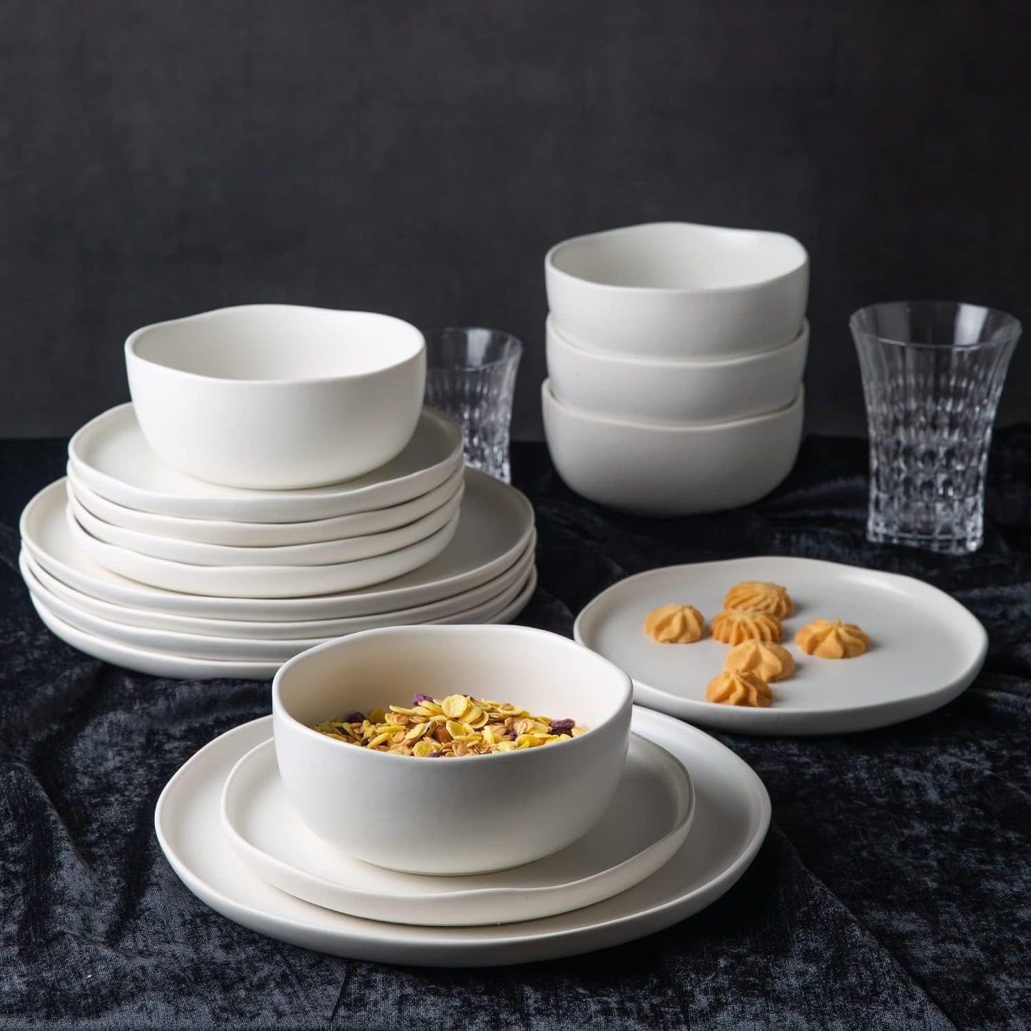 AmorArc Ceramic Dinnerware Sets, Wavy Rim Stoneware Plates and Bowls Sets, Highly Chip and Crack Resistant | Dishwasher & Microwave & Oven Safe Dishes set, Service for 6 (18pc)
