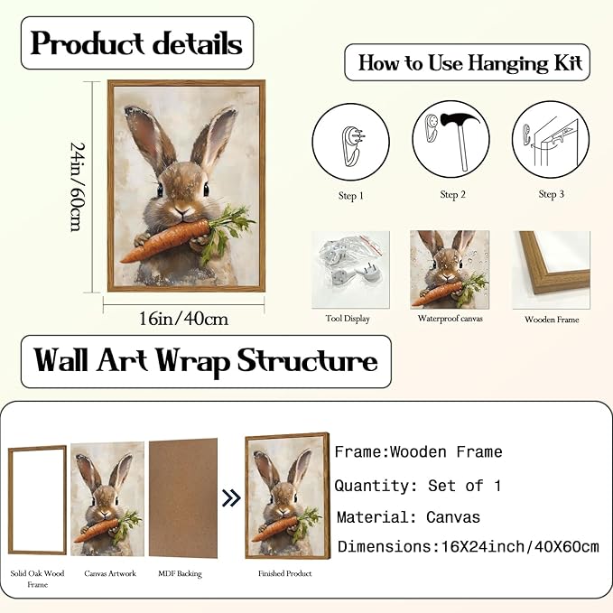 Framed Vintage Rabbit Canvas Wall Art, Cute Easter Bunny with Carrot Pictures Wall Decor, Spring Farmhouse Animal Paintings Prints Cottagecore Home Decor for Living Room Kitchen Nursery 16x24 inch