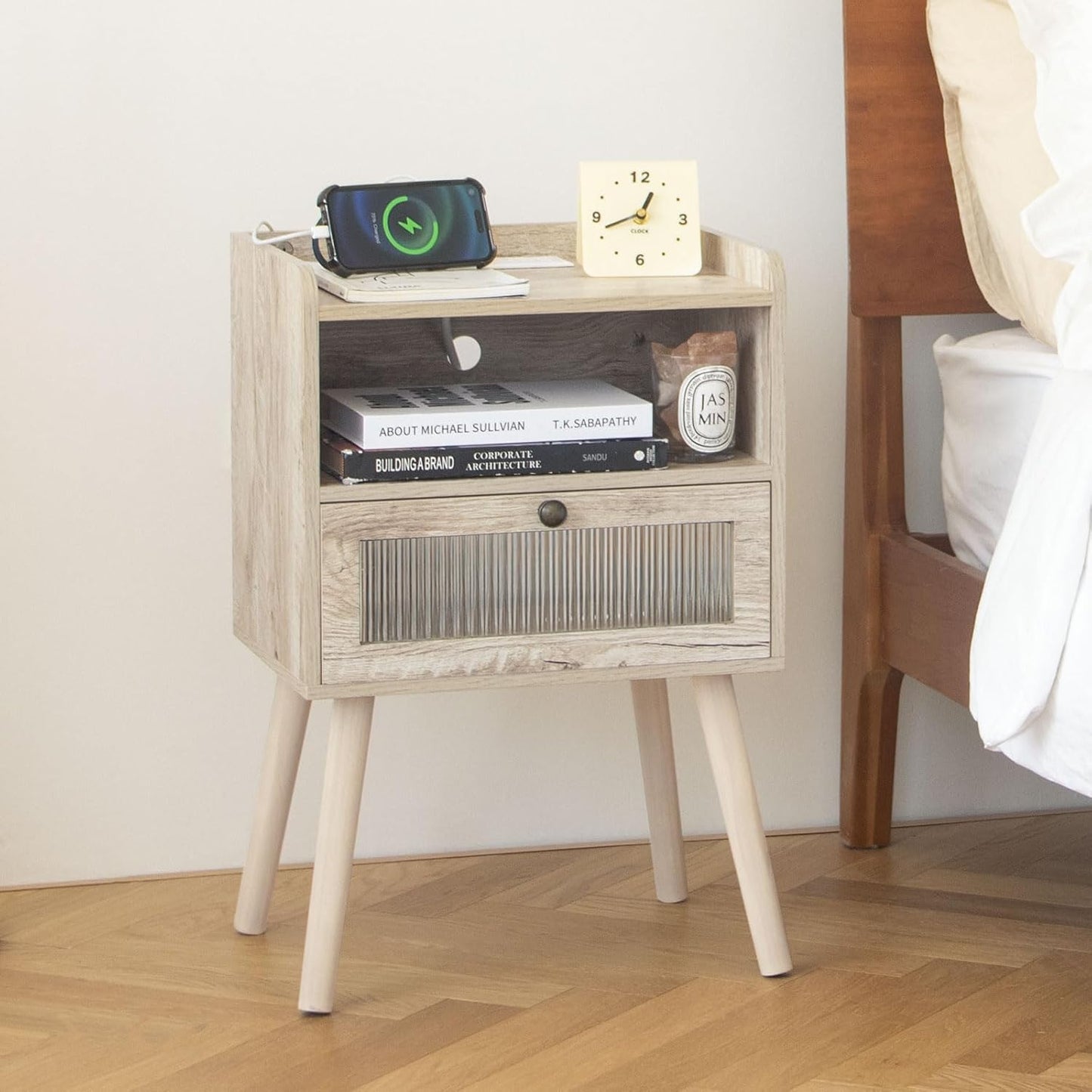AWASEN Nightstand with Charging Station, Modern Bedside Table with Glass Decorative Drawer, Charging Night Stand Side Tables for Bedroom and Small Space, Rustic White Oak