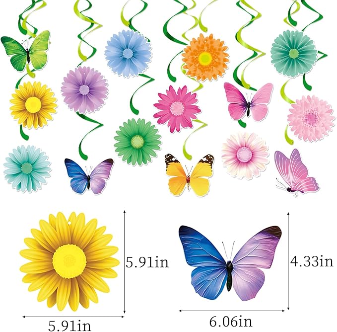 Pastel Rainbow Easter Party-Decorations Supplies - 15pcs Spring Flowers Butterflies Ceiling Hanging Swirl Banner,Home Office Streamers Garland,Outdoor Indoor Birthday Wall Backdrop Decor Burgleda