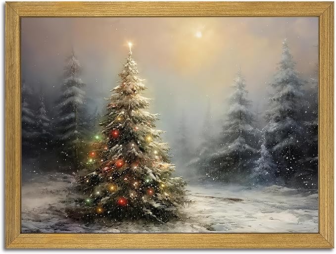 Vintage Christmas Wall Art, Vintage Pine Tree Canvas Wall Decor Painting, Rustic Winter Tree Print, Botanical Winter Art, for Table Farmhouse Mantel Home Office 16x24 Inch Wood Framed