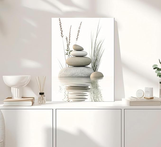 KBIERQN Zen Stone Canvas Wall Art Stacked Stones in Water Poster Print Tranquil Wild Grass Painting Picture for Spa Yoga Meditation Room Bathroom Wall Decor 12x16in Framed Ready to Hang