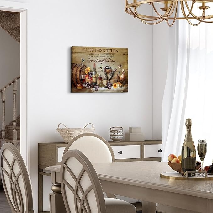 Christian Wall Art Kitchen Wall Decor Rustic Wine Decor Dining Room Pictures Farmhouse Bless This Kitchen Wall Art Gather Sign Canvas Prints Vintage CountryPainting Artwork Home Decorations 12x16"