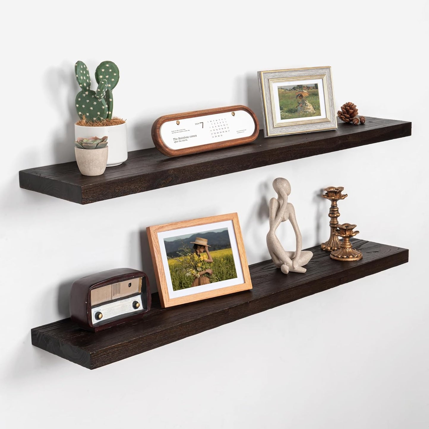 Axeman Floating Shelves for Wall - 40''W x 8'' D Rustic Solid Elm Wood Shelves for Storage, Wall Mounted Display Shelving with Invisible Heavy-Duty Metal Bracket (Walnut, 2PCs)