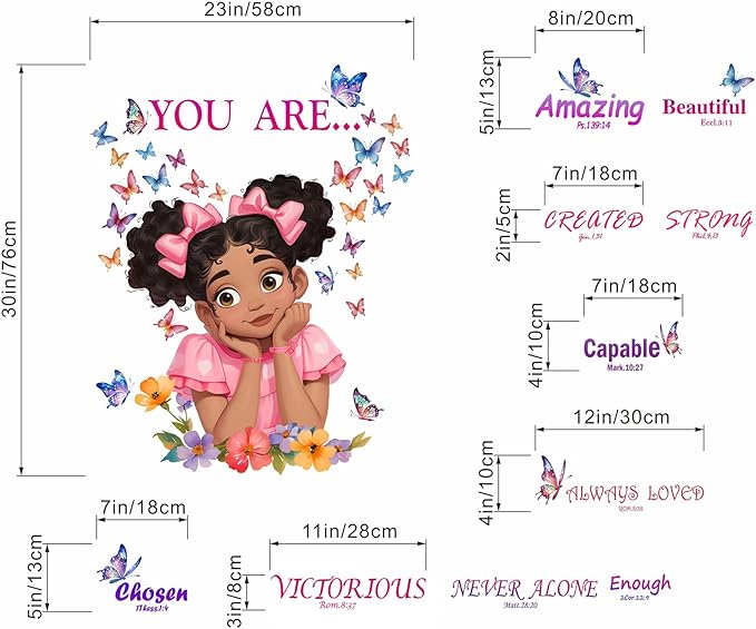 Bedroom Wall Stickers for Black Girls: Peel and Stick African American Butterfly Inspirational Wall Decals - Wall Art Decor Kids Supplies Ages 1-12 Year