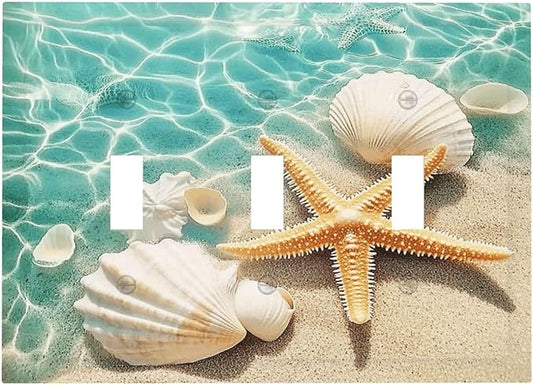 Decorative Switch Plates Sea Shells And Star Fish In Ocean Beach 3 Gang Wall Plate Triple Toggle Light Switch Cover Faceplate Electrical Wall Panels For Bathroom Home Decor