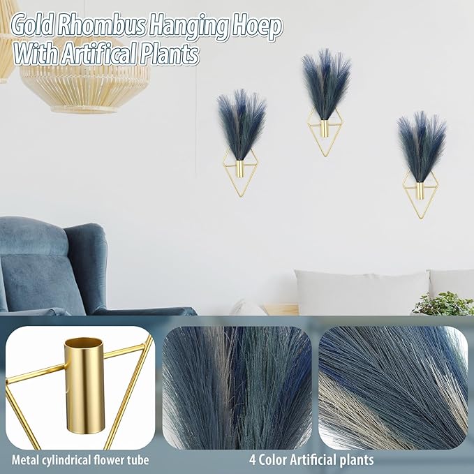 Hanaive 4 Sets Boho Wall Decor Metal Wall Art Hanging Planters with Artificial Pampas Display Modern Home Vase for Bedroom Home Office(Mazarine, Turquoise, Peacock Blue, Light Gray,Gradient Blue)