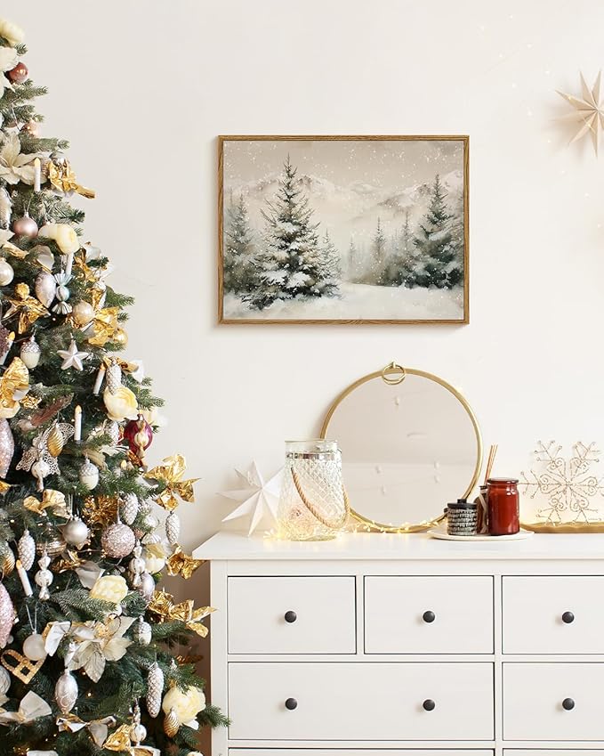 Vintage Winter Snow Mountain Wall Art 12x16 Framed Canvas Print, Snowy Pine Tree Forest Landscape Painting, Rustic Neutral Christmas Living Room Bedroom Entryway Farmhouse Holiday Home Decor