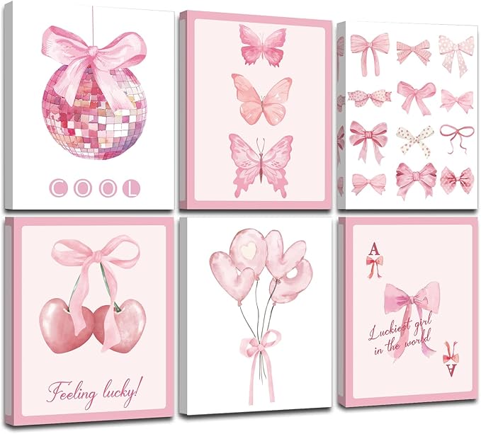 Framed Preppy Bows Wall Art, Pink Bow Girly Wall Decor for Bedroom Aesthetic, Preppy Bow Pictures for Girls Bedroom College(Ready to Hang, Set of 6, 8X10in, Framed)