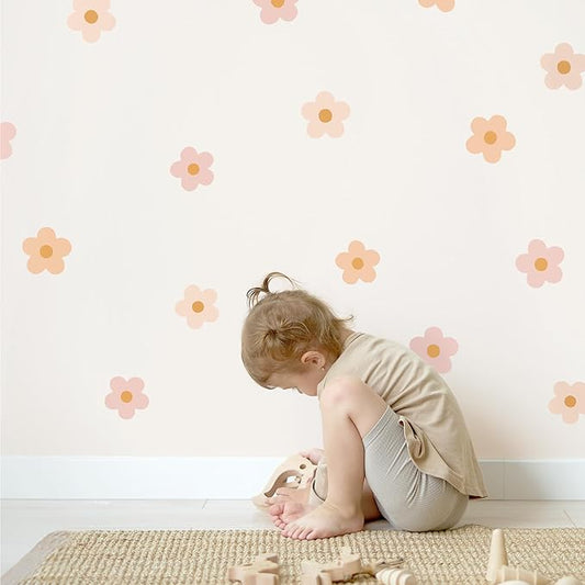 Daisy Blush Pink Boho Flowers Decals - Easy-to-Apply & Removable Wall Stickers: Transform Your Toddlers Bedroom with Durable, Vibrant Peel-and-Stick Wall Decor – Stickers for Kids