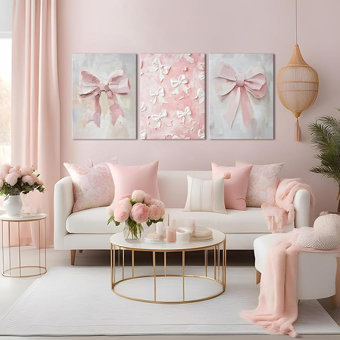 Pink Bow Canvas Wall Art Set of 3 Coquette Oil Painting Cute Bow Posters Wall Decor Trendy Preppy Print Picture for Back to School Bedroom Bathroom College Dorm 12x16 In Framed