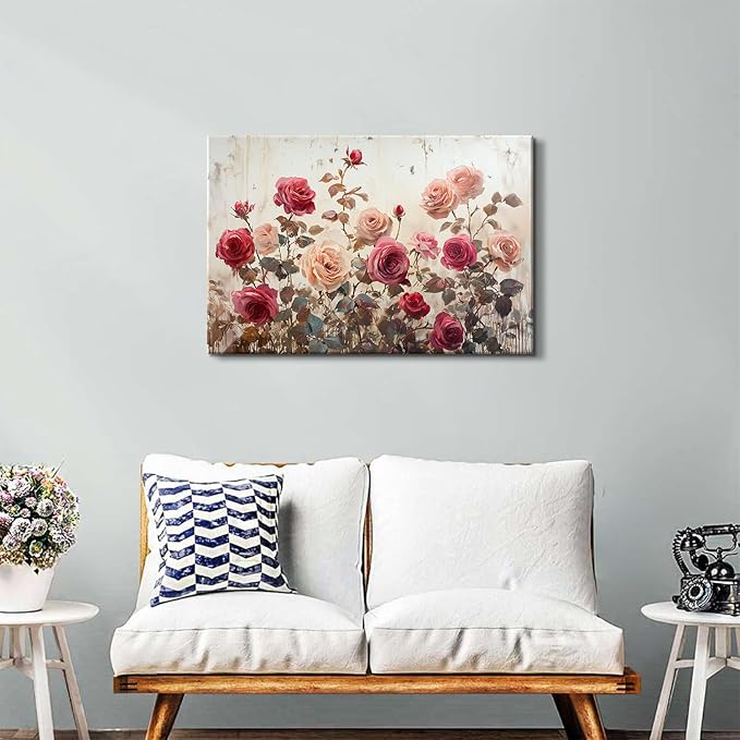 Large Pink Wall Decor for Bedroom Wall Art Retro Rose Flower Canvas Pictures for Living Room Decor Rustic Blossom Roses Floral Painting Modern Farmhouse Artwork for Bathroom Home Decoration 24x36"
