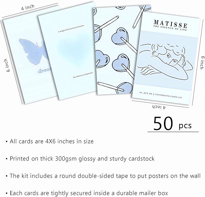 Blue Room Decor Aesthetic, Blue Wall Collage Kit Posters for Room Aesthetic Posters Prints, Blue Aesthetic Dorm Room Decor for Teen Boys Girls (50pcs 4x6 inch)