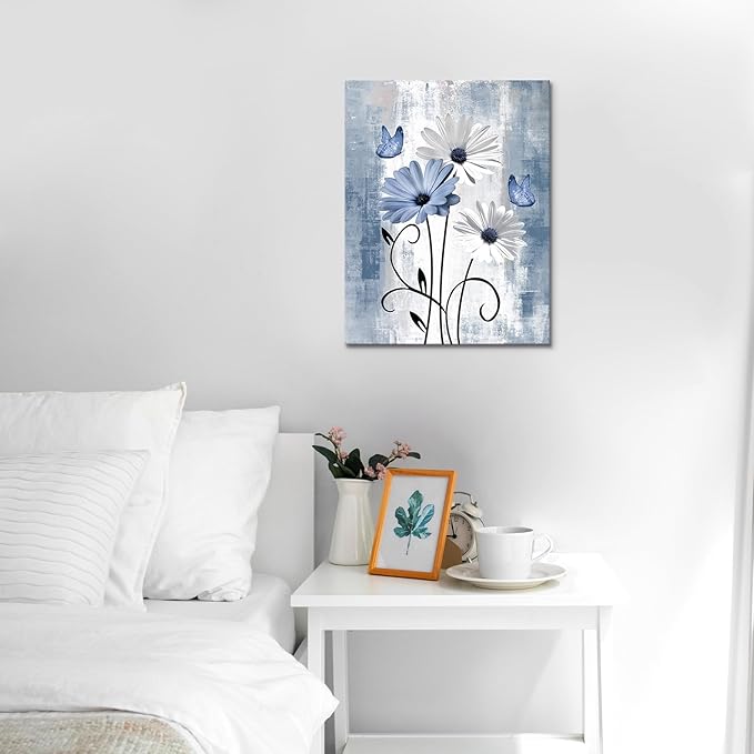 MYUSRE Farmhouse Blue Floral Wall Art for Living Room, Blue and White Daisy Butterfly on Abstract Geometric Canvas Wall Art Country Flower Pictures for Bedroom Bathroom Home Decor,10L X 8W inches