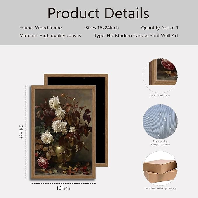 Framed Vintage Floral Large Wall Art，Rose Bouquet Flower Paintings Decor Aesthetic Canvas Print Artwork Still Life Retro Wall Pictures for Bedroom Living Room wooden frame 16x24in