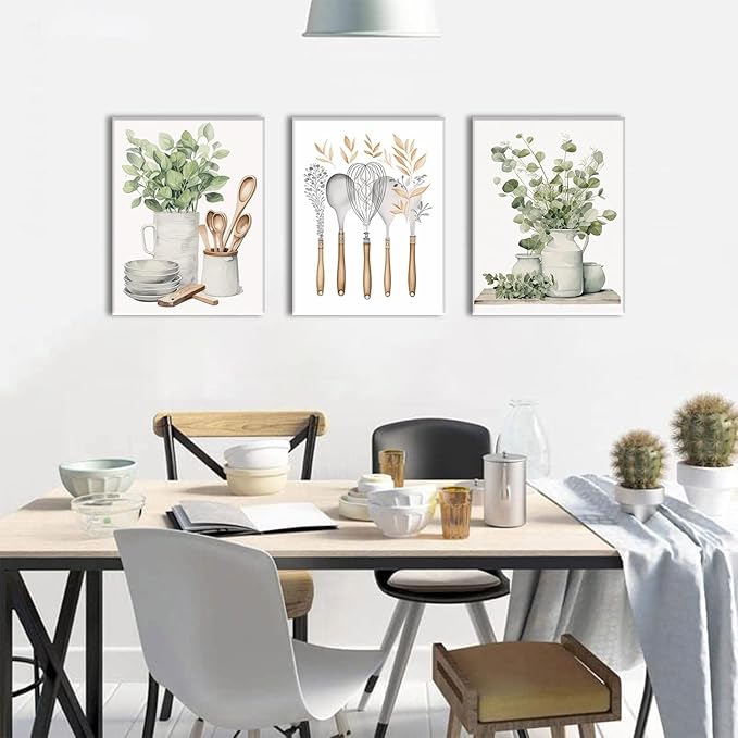 AOYUSMO 3 Piece Canvas Wall Art Kitchen Wall Art Sage Green Pictures Botanical Paintings Farmhouse Artwork Eucalyptus Nature Art Prints for Dining Room 16"x24"