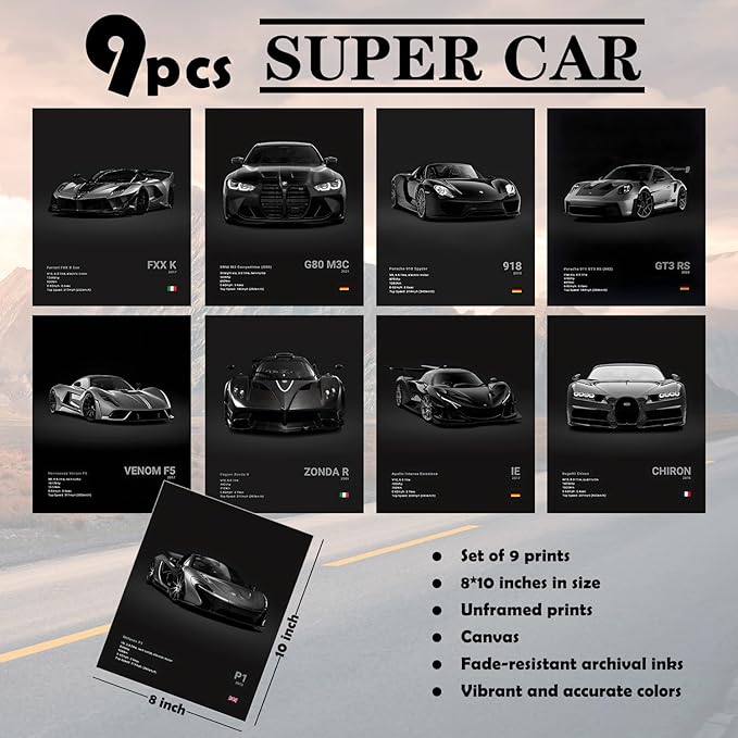 CSLGQGV Car Poster Vintage Racing Car Wall Art Supercar Canvas Prints Painting For Men Room Pictures Guys Dorm Room Aesthetics Decor Bedroom Office (Unframed,8×10inch,9pcs) black