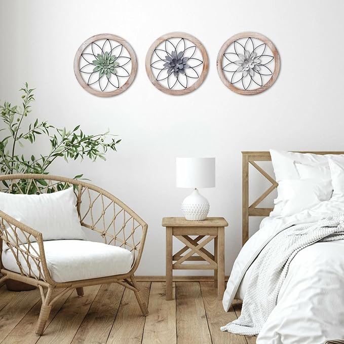 Paquesta 3 Piece Round Farmhouse Wall Decor with 6 Piece Interchangeable Flowers 15.75'' Medallion Wood & Metal Rustic Wall Art for Living Room Bedroom Kitchen Bathroom Dining Room Home Decorations (large black wheel)
