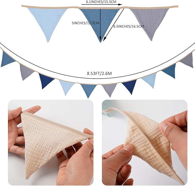 Garland Triangle Banners Blue and Grey, Pennant Banner Bunting Flags Fabric for Baby Shower Birthday Party Decorations Nursery Playroom Decor(Blue grey)