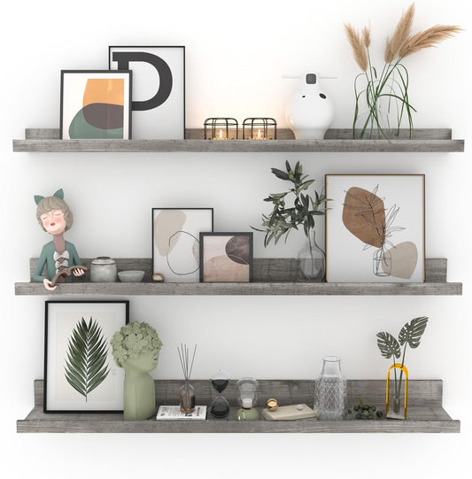 Giftgarden 36 Inch Grey Floating Shelves for Wall Mount, Gray Wood Wall Shelf Ledge for Bathroom Bedroom Living Room Kitchen Storage, Set of 3 Different Sizes