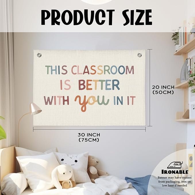 Boho Classroom Decor, Neutral Classroom Wall Decor Welcome Sign, Teacher Back To School Canvas Banner Wall Hanging Flag