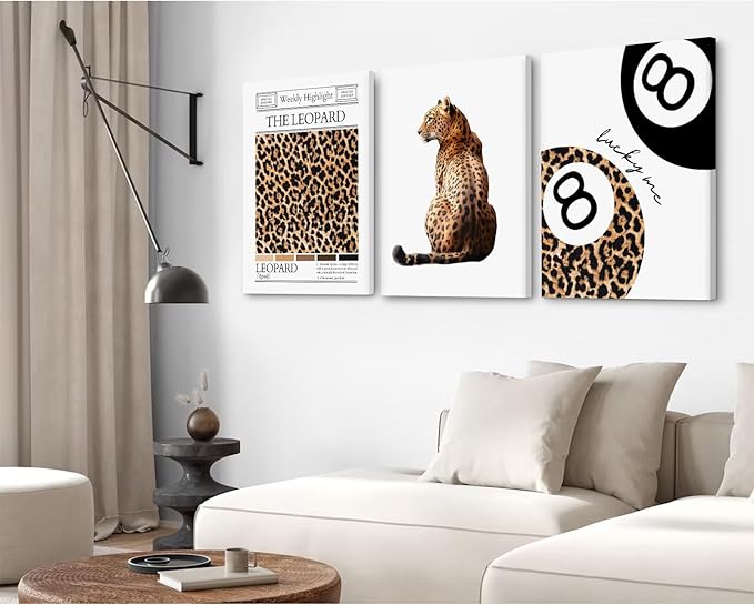 Trendy Leopard Wall Art Cheetah Print Canvas Wall Decor 8 Ball Poster Preppy Room Aesthetic Pictures Funky Coquette Vintage Prints Y2k Fashion Lucky Posters for Bedroom 16x24x3 Inch Wrapped Canvas