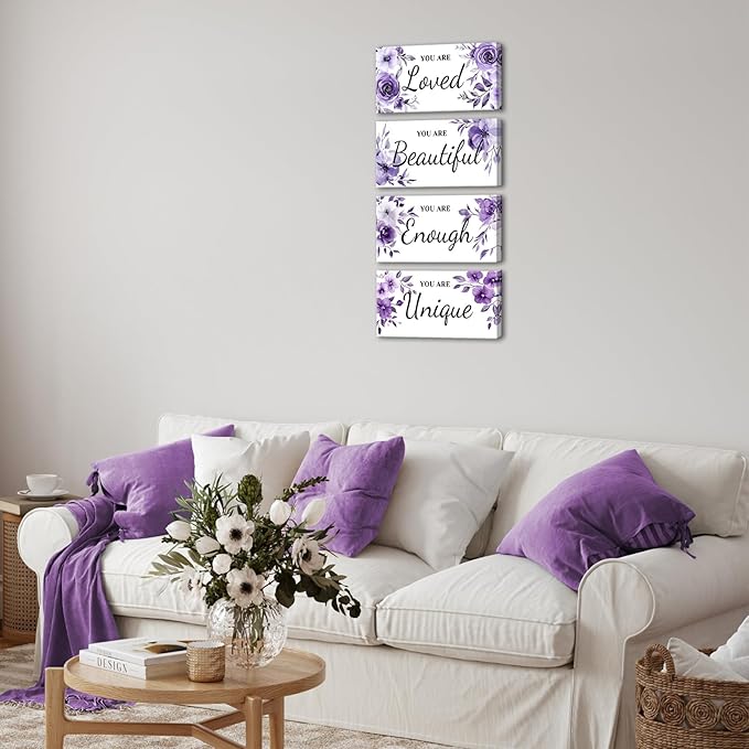 HOMEOART Bedroom Wall Decor for Woman Teen Girl, Inspiration Saying Word Art Bedroom Decor Pictures Farmhouse Bathroom Wall Decor Hanging, Framed 6x12inchx4Pieces (Purple)
