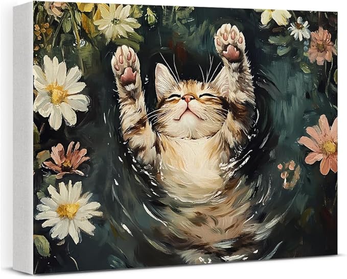 Aesthetic Sleeping Cat Wall Art Decor Cat on Lily Pond Cute Canvas Print Poster Framed Painting for Home Living Room Bedroom Wall Decor 8x10 Inch