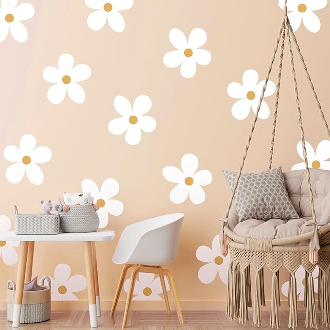 TaoBary 12 Sheet Daisy Wall Sticker Decal Removable Cute Daisy Bedroom Room Decor Flower Wall Sticker Pink White Flower Decal Wallpaper Peel and Stick for Nursery Home(White, Yellow,Charming Style)