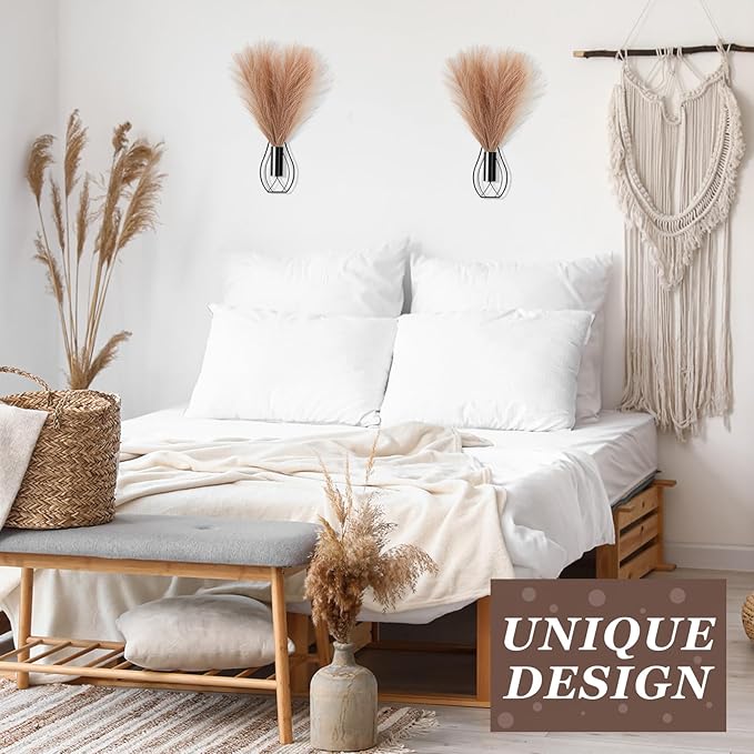2 Pieces Hanging Plant Wall Decor with Artificial Pampas Grass Metal Hanging Vase Modern Geometric Farmhouse Bohemian Wall Art for Living Room Bedroom Kitchen Office (Black, Light Brown)