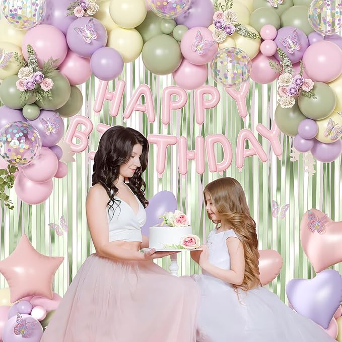 Wildflower Birthday Decorations, Sage Green Pastel Pink Purple Yellow Foil Confetti Balloons Happy birthday Banner Multicolor Butterfly Fringe Curtains Birthday Decorations for Baby Women Girls Teens