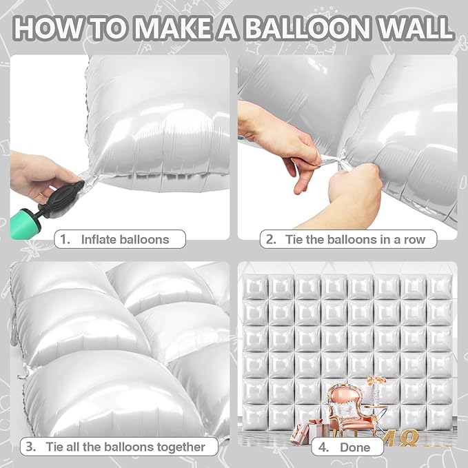 NISOCY 48PCS White Square Foil Balloons Wall Backdrop Double Sided Pearl White Balloons Tunnel Arch Kit for Birthday Wedding Engagement Bridal Baby Shower Party Decoration