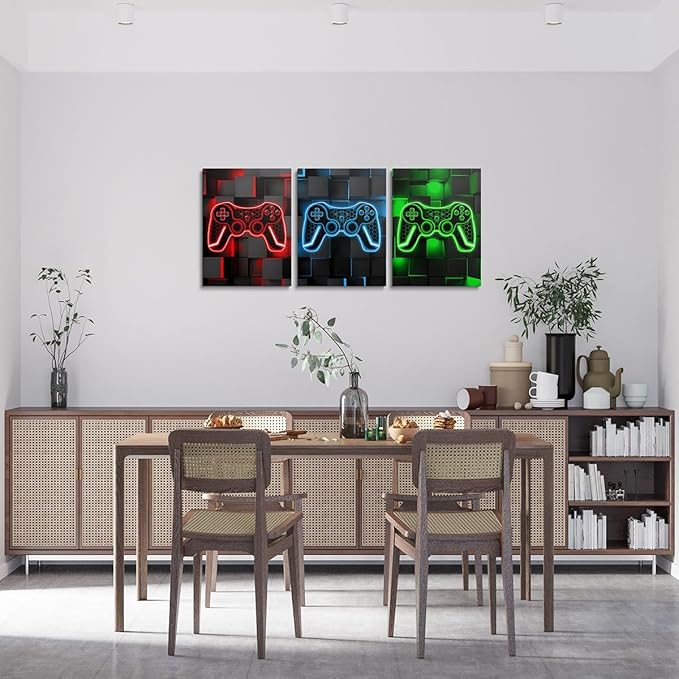 Feelyou Gamer Canvas Wall Art for Living Room 12"x16" 3 Piece Red and Black Picture Wall Decor Green Gaming Ombre Office Wall Decorations Artwork Posters Blue Geometric Square Wall Painting