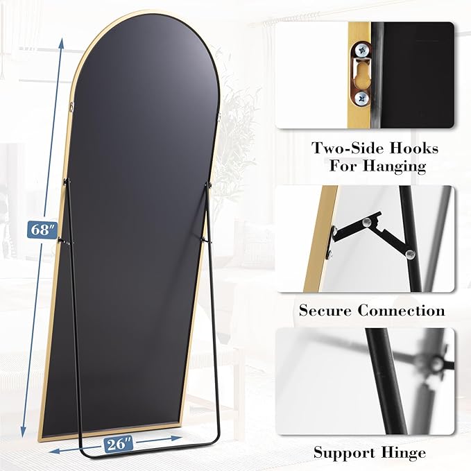DUMOS Arched Full Length Mirror with Stand Floor Standing Aluminum Frame for Bedroom Body Hanging Leaning Modern Simple Home Decor Shatter-Proorf Nano Glass Wall Living Room Cloakroom Gold 68"x26"