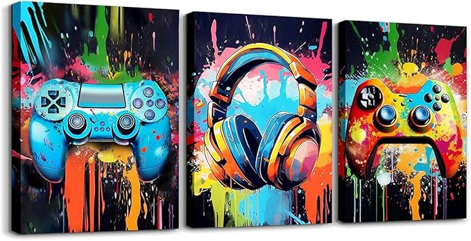 Feelyou Gamer Canvas Wall Art for Bedroom for Boys Girls Game Controller Office Wall Artwork Posters Gaming Bathroom Wall Art for Home Decor 12" x 16" 3 Piece Game Controller Wall Painting