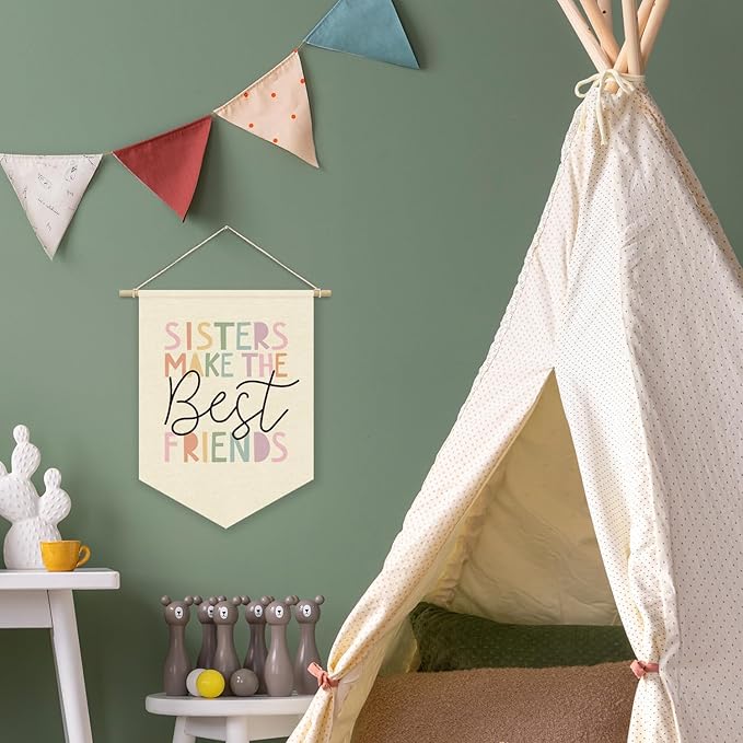 Girls Room Wall Art Decor,Toddler Girl Room Cute Pink Nursery Bedroom Playroom Canvas Banner Decorations,Sisters Make The Best Friends Wall Hanging Pennant Flag Banner