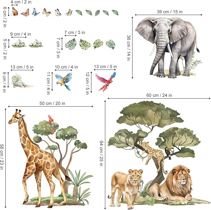 wondever Large Jungle Safari Animals Tree Wall Stickers Elephant Lion Giraffe Leopard Peel and Stick Wall Art Decals for Baby Nursery Kids Bedroom Living Room
