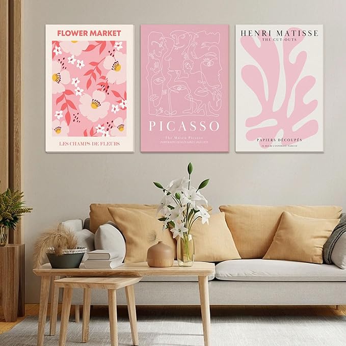 Djmwtb Matisse Picasso Pink Canvas Wall Art Framed Set of 3 Abstract Flower Market Prints Cute Posters Aesthetic Pictures Paintings Wall Decor for Girls Bedroom Dorm Apartment Living Room 12x16in