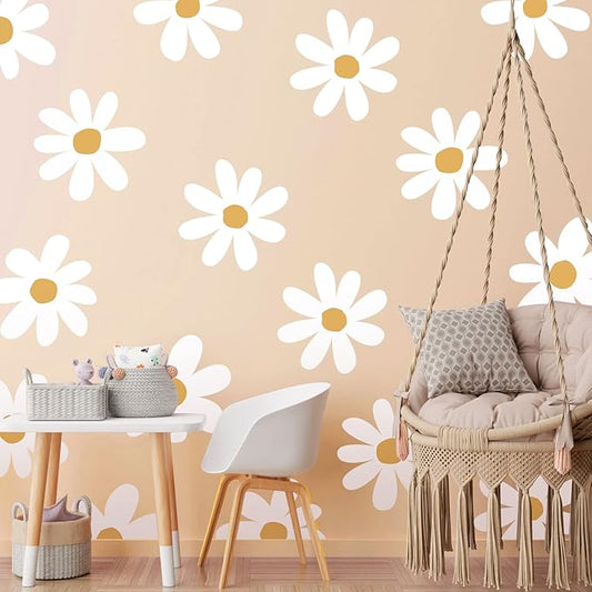 TaoBary 12 Sheet Daisy Wall Sticker Decal Removable Cute Daisy Bedroom Room Decor Flower Wall Sticker Pink White Flower Decal Wallpaper Peel and Stick for Nursery Home(White, Yellow,Vintage Style)
