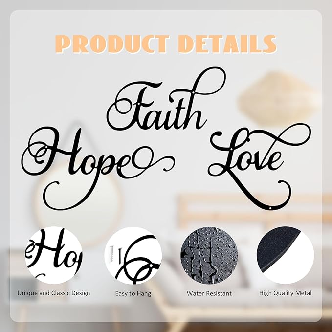 ESTART Faith Hope Love 3 Pieces Metal Wall Decor Inspirational Black Letter Sign Wall Art Rustic Vintage Farmhouse Word Metal Sign Family Wall Decor for Home Bedroom Living Room