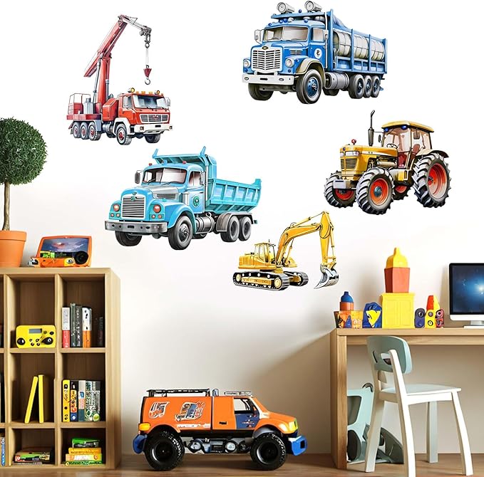 Truck Car Wall Decals for Boys: Construction Design Peel and Stick Vinyl Wall Stickers for Boys Bedroom Kids Room Decor Ages 1-12 Years