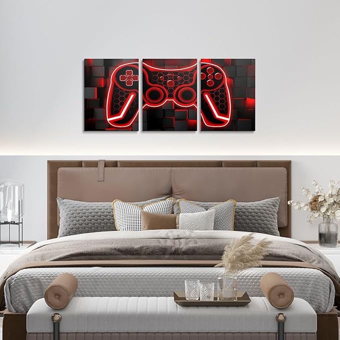 Feelyou Gamer Canvas Art - 3 Piece Red & Black Ombre Wall Decor - 12"x16" Gaming Room Decorations
