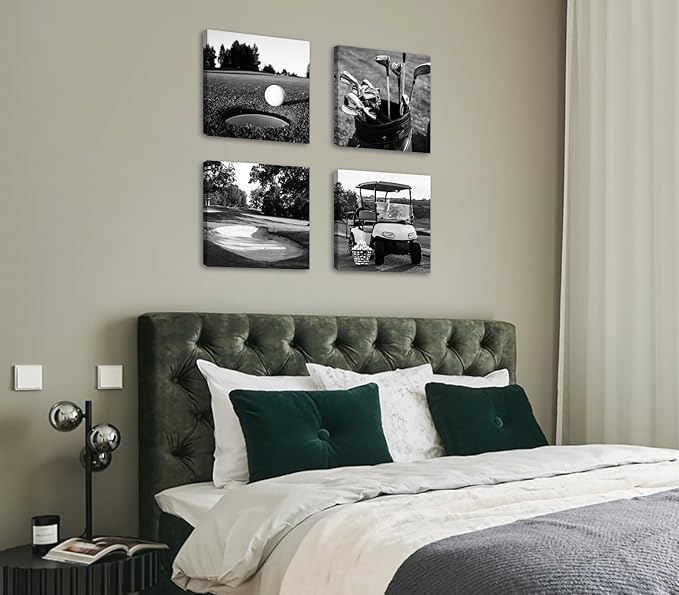 DJSYLIFE Golf Decor Golf Course Wall Art - Sport Poster Black and White Canvas Prints Picture for Modern Home Office Men Bedroom Decoration Stretched and Framed Ready to Hang 12"X12"X4