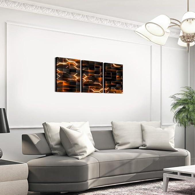 Feelyou Orange and Black Picture Wall Decor 12"x16" 3 Piece Honeycomb Canvas Wall Art Decor Hexagon Theme Office Decorations Artwork Posters Geometrical Beehive Painting