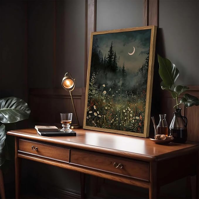 Vintage Moonlit Forest Wall Art Crescent Moon Forest Wildflower Gothic Canvas Prints Landscape Aesthetic Pictures Wall Decor for Living Room Bedroom Offices 16x24 inch Framed